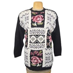 Jennifer Reed Hand Knitted Floral Patchwork Intarsia Sweater Black Pink Large